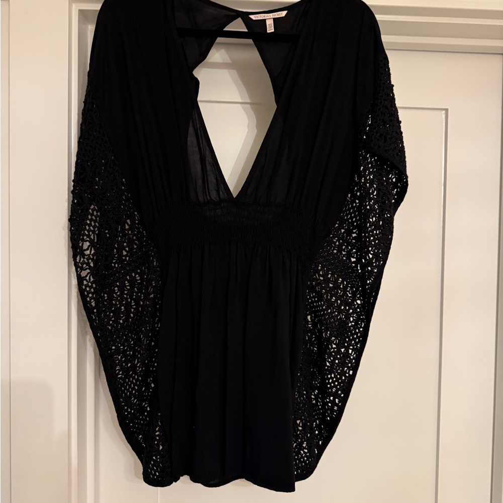 Victoria's Secret Black Swim Coverup with Textured Fabric and Plunging Neckline